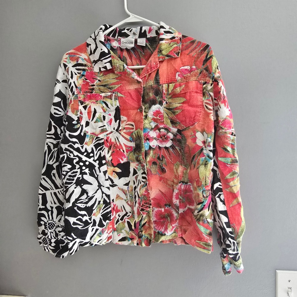 Chicos Size 2 Large 100% Linen Jacket Tropical Floral Abstract Mixed Print Multi